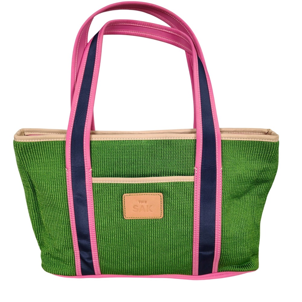 The Sak Womens Crochet Knit Tote Bag Green Pink Navy Butterfly Lining Preppy Y2K